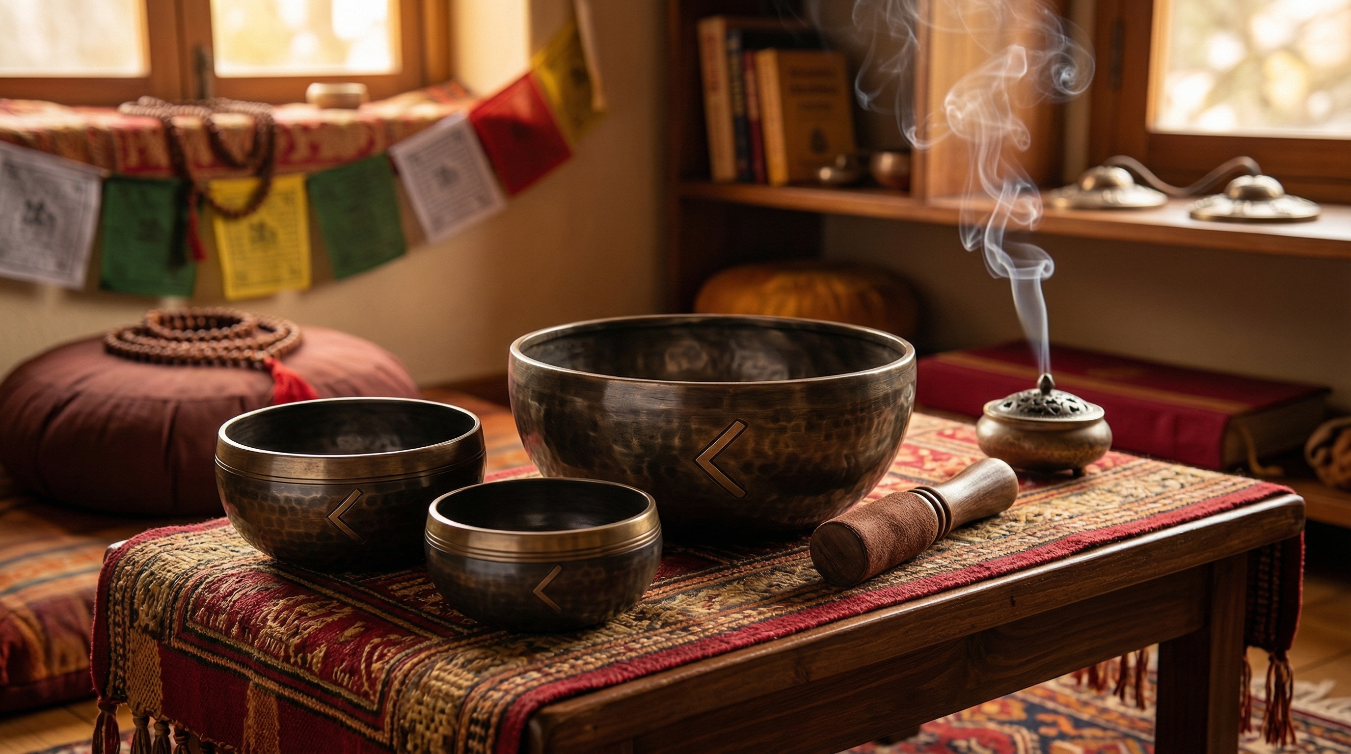 Cuencos tibetanos de bronce con incienso